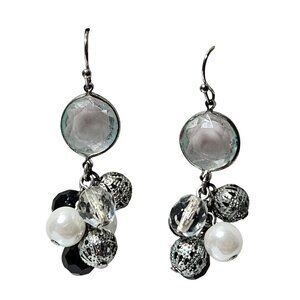 Elegant Silver Tone Dangle Earrings Crystal & Faux Pearl Accents Retro Jewelry